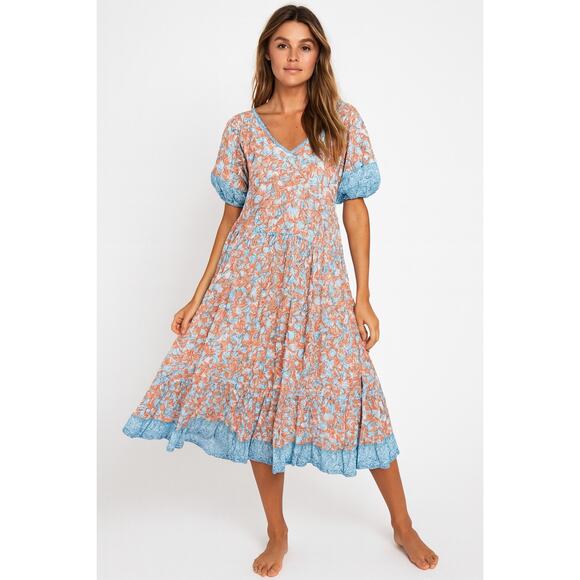 Poupette St Barth Floral Boho Midi Dress | Blue Orange Print | Size XS - Picture 1 of 14